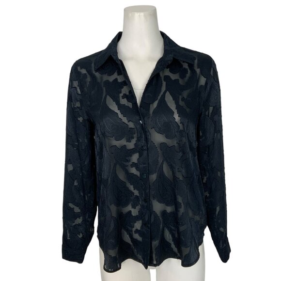 L'AGENCE Laurent Blouse XS Midnight Sheer Paisley Long Sleeve Button Front Sexy - Picture 1 of 11